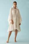 Nikasha_Cream Handwoven Jamdani Round Neck Cascading Flared Sleeves Cape _Online_at_Aza_Fashions