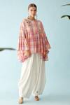 Buy_Nikasha_Pink Cotton Fabric Flowers Round Neck Checkered Frilled Top _at_Aza_Fashions