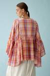 Shop_Nikasha_Pink Cotton Fabric Flowers Round Neck Checkered Frilled Top _at_Aza_Fashions