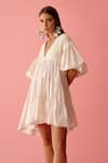 Nikasha_Cream Jamdani Cotton And Poplin Embroidered Banana Solid Bubble Sleeve Tier Dress _Online_at_Aza_Fashions