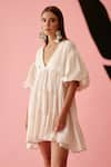 Buy_Nikasha_Cream Jamdani Cotton And Poplin Embroidered Banana Solid Bubble Sleeve Tier Dress _Online_at_Aza_Fashions