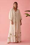 Buy_Nikasha_Cream Cotton Fabric Flowers V-neck Handwoven Jamdani Bubble Sleeve Dress _at_Aza_Fashions