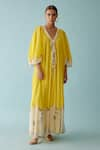 Buy_Nikasha_Yellow 100% Cotton Print Fronds V Neck Braided Tassel Maxi Dress _at_Aza_Fashions