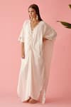 Buy_Nikasha_Off White Cotton Textured Gauze Applique Banana Tree V Ruched Yoke Long Kaftan _at_Aza_Fashions