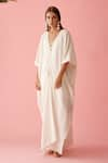 Shop_Nikasha_Off White Cotton Textured Gauze Applique Banana Tree V Ruched Yoke Long Kaftan _at_Aza_Fashions