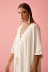 Nikasha_Off White Cotton Textured Gauze Applique Banana Tree V Ruched Yoke Long Kaftan _Online_at_Aza_Fashions