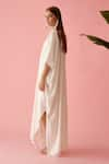 Nikasha_Off White Cotton Textured Gauze Applique Banana Tree V Ruched Yoke Long Kaftan _at_Aza_Fashions