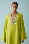 Nikasha_Green 100% Cotton Embroidery Bloom Notched V Ribbon Neckline Tunic _Online_at_Aza_Fashions