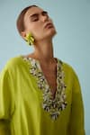 Buy_Nikasha_Green 100% Cotton Embroidery Bloom Notched V Ribbon Neckline Tunic _Online_at_Aza_Fashions