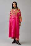 Buy_KORA_Fuchsia Silk Embroidered Thread V Neck Yoke Kurta And Pant Set  _at_Aza_Fashions