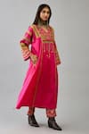 Buy_KORA_Fuchsia Silk Embroidered Thread V Neck Yoke Kurta And Pant Set  _Online_at_Aza_Fashions