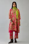 Buy_KORA_Fuchsia Kurta And Pant Silk Embroidered Floral Notched A-line Set  _at_Aza_Fashions