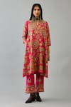 Shop_KORA_Fuchsia Kurta And Pant Silk Embroidered Floral Notched A-line Set  _at_Aza_Fashions