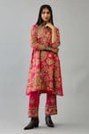 KORA_Fuchsia Kurta And Pant Silk Embroidered Floral Notched A-line Set  _Online_at_Aza_Fashions