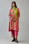 KORA_Fuchsia Kurta And Pant Silk Embroidered Floral Notched A-line Set  _at_Aza_Fashions