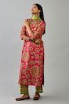 KORA_Fuchsia Kurta And Pant Silk Embroidered Floral Sequins Straight Set  _at_Aza_Fashions