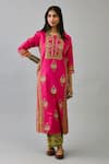 KORA_Fuchsia Kurta And Pant Silk Embroidered Floral Round Straight Set  _Online_at_Aza_Fashions