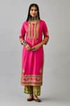 KORA_Fuchsia Kurta And Pant Silk Thread Embroidered Round Floral Set  _Online_at_Aza_Fashions