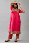 KORA_Fuchsia Silk Thread Embroidered V-neck Anarkali With Pant  _Online_at_Aza_Fashions