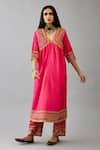 Buy_KORA_Fuchsia Silk Thread Embroidered V-neck Anarkali With Pant  _Online_at_Aza_Fashions