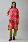 KORA_Fuchsia Kurta And Pant Silk Thread Embroidered Notched Chevron Set  _Online_at_Aza_Fashions