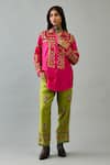 KORA_Fuchsia Silk Thread Embroidered Shirt Collar Cutwork With Pant  _Online_at_Aza_Fashions