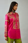 KORA_Fuchsia Silk Thread Embroidered Shirt Collar Cutwork With Pant  _at_Aza_Fashions