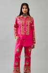 KORA_Fuchsia Silk Thread Embroidered Shirt Collar Geometric With Pant  _Online_at_Aza_Fashions