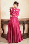 Shop_Megha Pitti_Pink Chanderi, Bamboo Embroidery V-neck Floral Anarkali Set _at_Aza_Fashions