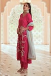 Megha Pitti_Pink Silk, Organza, Hemp Embroidery V-neck Floral A-line Kurta Set _Online_at_Aza_Fashions