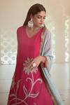 Buy_Megha Pitti_Pink Silk, Organza, Hemp Embroidery V-neck Floral A-line Kurta Set _Online_at_Aza_Fashions