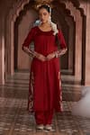 Buy_Megha Pitti_Maroon Habutai Silk Floral Embroidered Round Bloom Kurta Set _at_Aza_Fashions