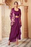 Buy_Megha Pitti_Purple Habutai Silk Floral Embroidered Bustier Scoop Jacket And Draped Skirt Set _at_Aza_Fashions