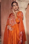 Buy_Megha Pitti_Orange Bamboo Embroidery Round Neck Floral Kurta Pant Set _Online_at_Aza_Fashions