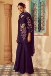 Shop_Megha Pitti_Blue Organza Embroidery V-neck Botanic Kurta Sharara Set _Online_at_Aza_Fashions