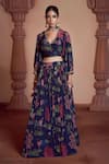 Buy_Megha Pitti_Blue Bemberg Crepe Botanic Printed V Neck Lehenga Set _at_Aza_Fashions