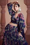 Megha Pitti_Blue Bemberg Crepe Botanic Printed V Neck Lehenga Set _Online_at_Aza_Fashions