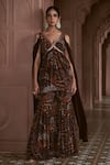 Buy_Megha Pitti_Brown Bemberg Crepe Forest Printed V Neck Short Anarkali And Sharara Set _at_Aza_Fashions