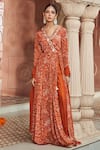 Buy_Megha Pitti_Orange Bemberg Silk Floral Printed V Neck Front Slit Anarkali Set _at_Aza_Fashions