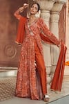 Megha Pitti_Orange Bemberg Silk Floral Printed V Neck Front Slit Anarkali Set _Online_at_Aza_Fashions