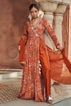 Shop_Megha Pitti_Orange Bemberg Silk Floral Printed V Neck Front Slit Anarkali Set _Online_at_Aza_Fashions