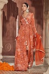 Buy_Megha Pitti_Orange Bemberg Silk Floral Printed V Neck Front Slit Anarkali Set 