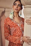 Shop_Megha Pitti_Orange Bemberg Silk Floral Printed V Neck Front Slit Anarkali Set 