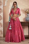 Buy_Megha Pitti_Pink Bemberg Silk Floral Printed V Neck Pleated Lehenga Set _at_Aza_Fashions