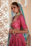 Shop_Megha Pitti_Pink Bemberg Silk Floral Printed V Neck Pleated Lehenga Set _Online_at_Aza_Fashions