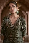 Megha Pitti_Emerald Green Bemberg Silk Flower Printed V Neck Kurta And Pant Set _Online_at_Aza_Fashions