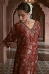 Shop_Megha Pitti_Maroon Silk Embroidery V-neck Flower Print Kurta With Pant _Online_at_Aza_Fashions