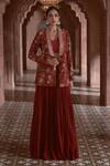 Buy_Megha Pitti_Maroon Bemberg Silk Floral Printed Jacket Lapel And Gathered Skirt Set _at_Aza_Fashions