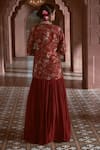 Shop_Megha Pitti_Maroon Bemberg Silk Floral Printed Jacket Lapel And Gathered Skirt Set _at_Aza_Fashions