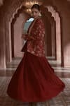 Megha Pitti_Maroon Bemberg Silk Floral Printed Jacket Lapel And Gathered Skirt Set _Online_at_Aza_Fashions